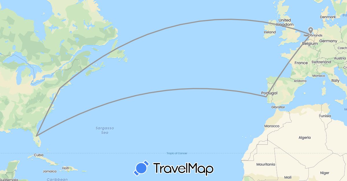 TravelMap itinerary: driving, plane in Netherlands, Portugal, United States (Europe, North America)